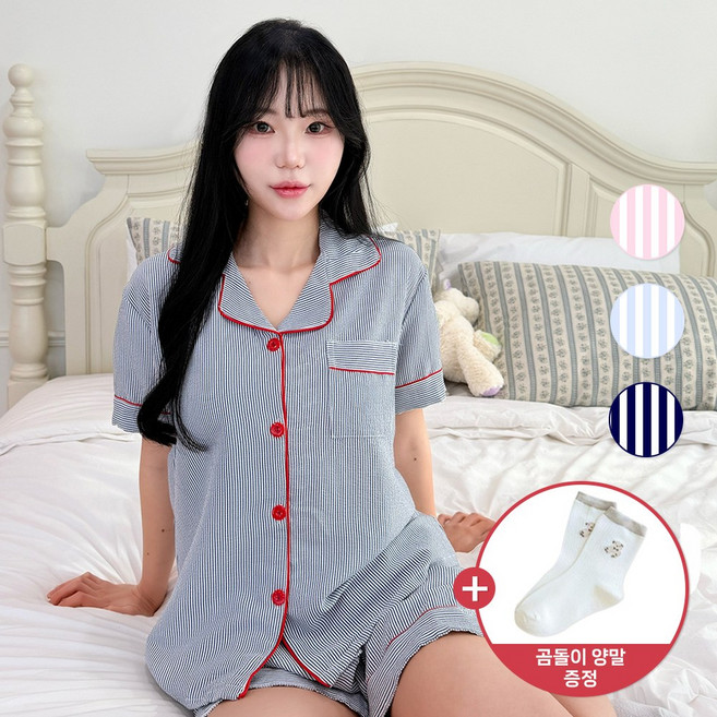 스타일모먼트 여성 잠옷 세트 여름용 스트라이프 파자마