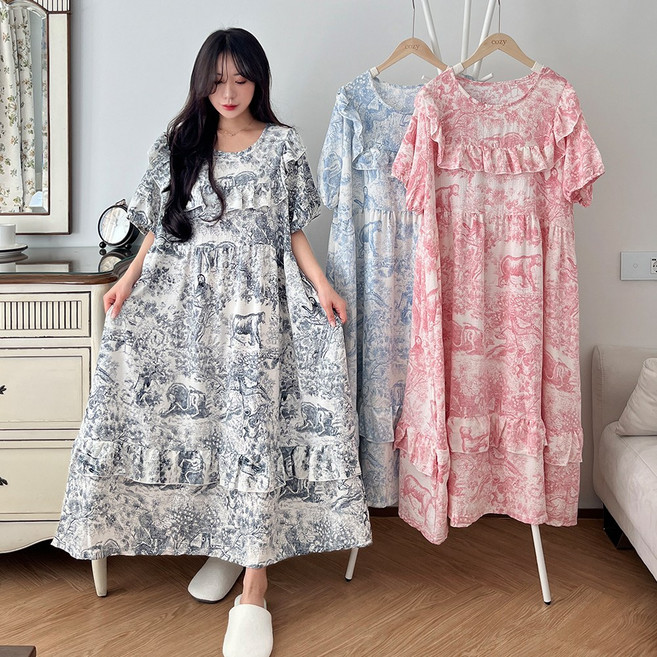 코지데일리 라운드 원피스 잠옷 44~120사이즈 빅사이즈 자체제작 여신 뜨왈 프릴 감성 오버핏 파자마 홈웨어