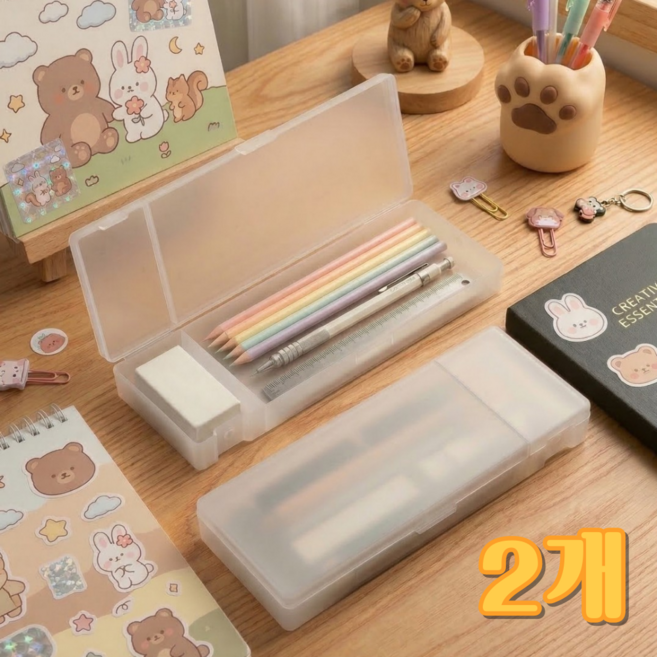 레인보우콕 필통 투명 필통 색연필 정리함, 1세트, 라이트화이트