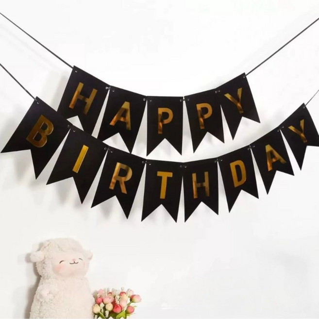 生日快樂彩虹色三角掛旗裝飾, 黑色（大號), 1個