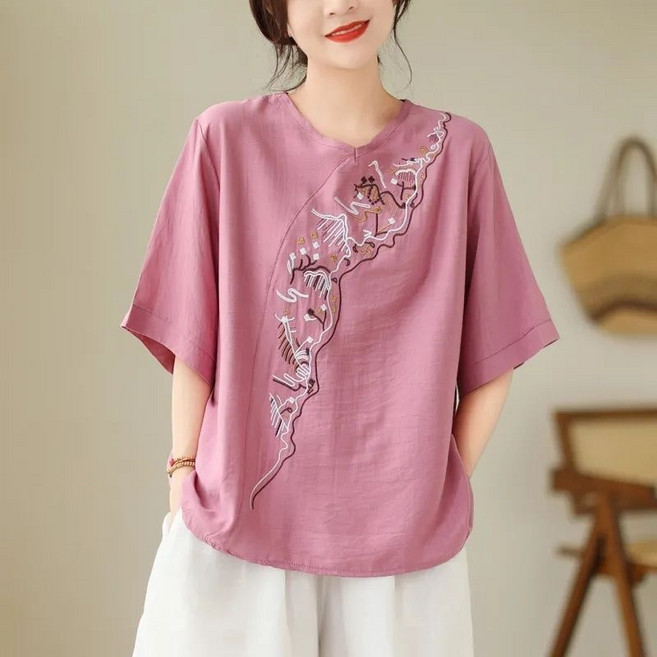 中國風刺繡上衣 寬鬆透氣棉麻夏裝