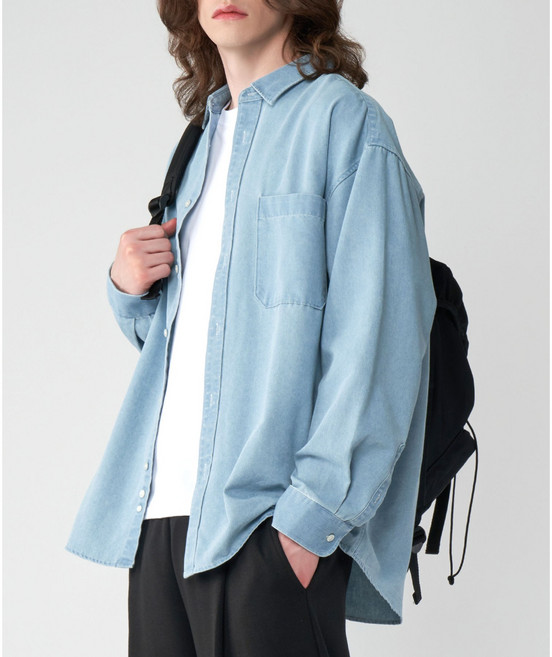 팀스핏 남성용 빅사이즈 빅오버핏 워싱 데님 청셔츠 남방