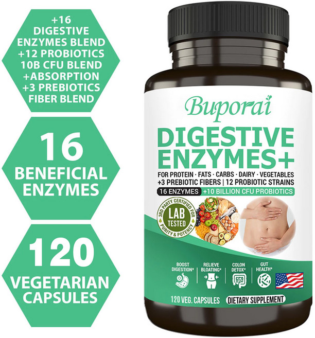 프로바이오틱스가 함유된 소화 효소 - 천연 췌장 지원 보충제 소화 개선 - 가스 변비 및 복부 팽만 감소 Natural Nutrition - 120캡슐, 2개, 60정