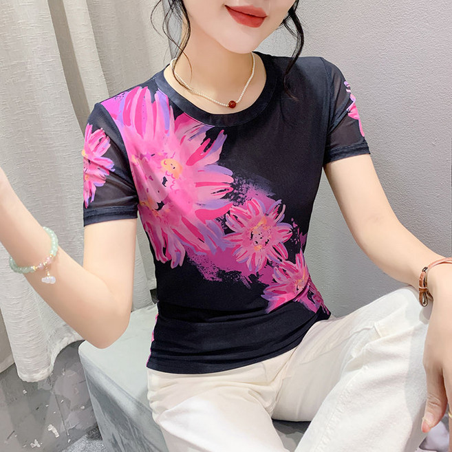 댄스복 상의 여성용 빅 사이즈 데일리 라운드 망사 프린트 반팔 스판 티셔츠+ Women's T-shirt