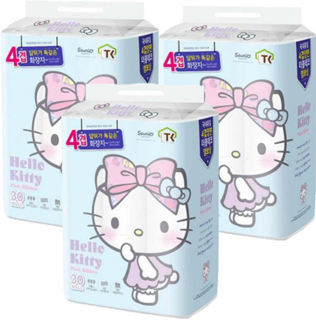 헬로키티 4겹 핑크리본 더블 데코 롤화장지 20m, 30개입, 3개