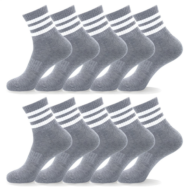 남성용 삼선 중목 스포츠 양말 10켤레, 그레이, 10개