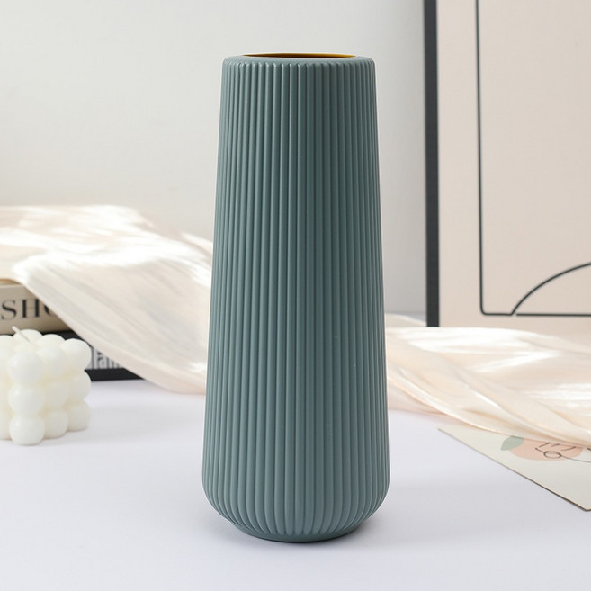北歐簡約豎條紋花瓶，質感塑料花器，23cm高, 北歐灰