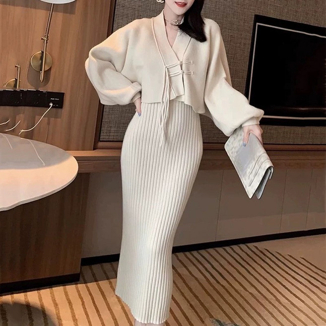 슬림소녀 여성 끈나시 니트 미디 원피스 투피스 기질 스웨터 카디건 힙업 스커트 세트