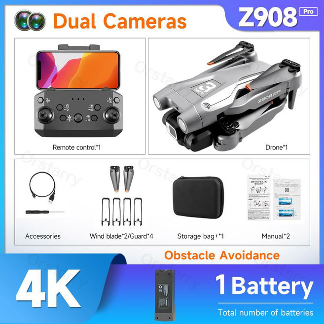 Z908 Pro / Max 프로 드론 전문 4K HD 카메라 Mini4 광학 흐름 현지화 3 면 장애물 회피 쿼드콥터 장난감, Pro Gray with 1 B, 1개