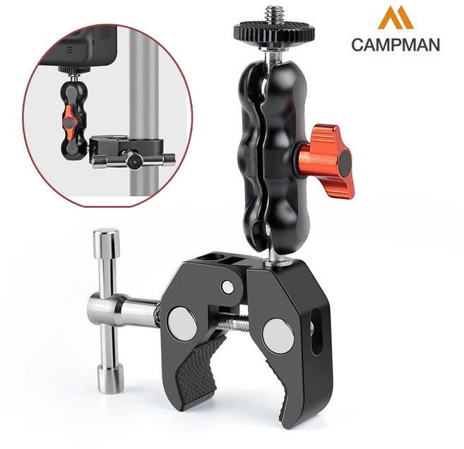 캠프맨 더블 볼헤드 매직암 클램프 소형 촬영장비 액션캠 조명 마운트, 1개, 더블볼헤드클램프