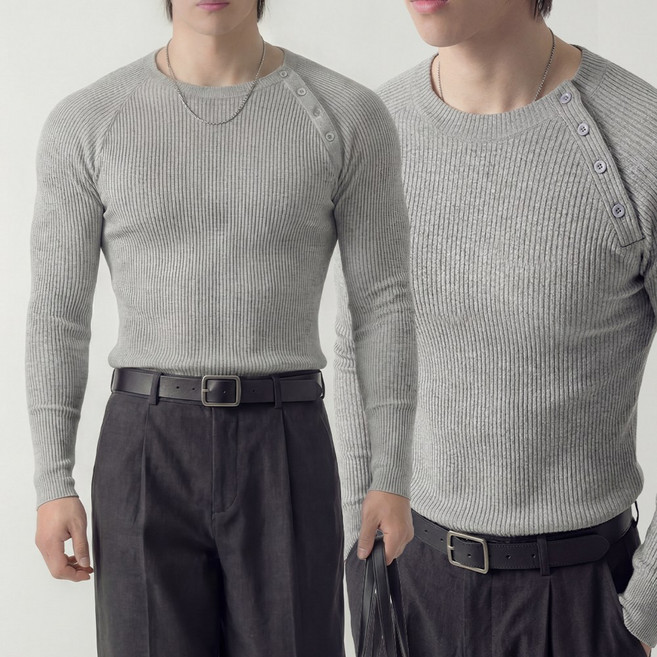 남자 숄더 사이드버튼 세로 골지 머슬핏 티셔츠