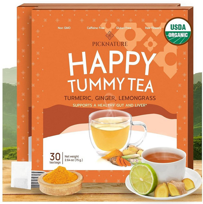 PICKNATURE USDA 유기농 해피 뱃살 티 - 태국에서 갓 딴 레몬그라스 강황 생강차가 함유된 소화 차 | 티백 30개(컵 100개 이상) | 허브 티 선물, Happy Tummy Tea, 1개