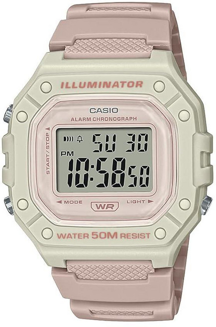 Casio W218H 시리즈 | 남성용 디지털 시계 | 50M WR | 1/100초 스톱워치 | 100 SEC 크로노그래프 | LED 백라이트 | 카운트다운 타이머 | 일일 알, W-218HC-4A2VCF, Light Pink