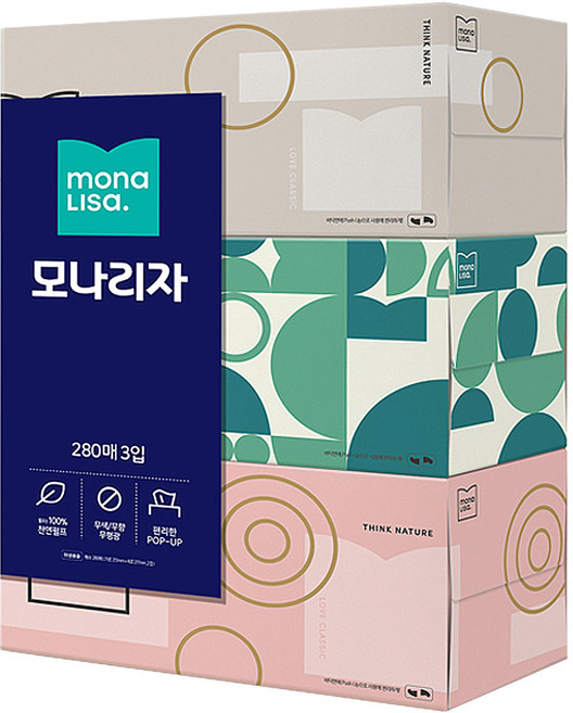 모나리자 미용티슈 280매 피부저자극 티슈, 3개입, 1개