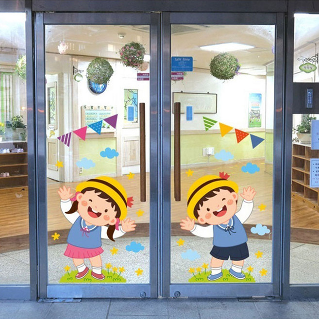 유니테크 벽면스티커 / 어린이집 현관 대형 창문스티커, FDT-2301 즐거운 유치원어린이