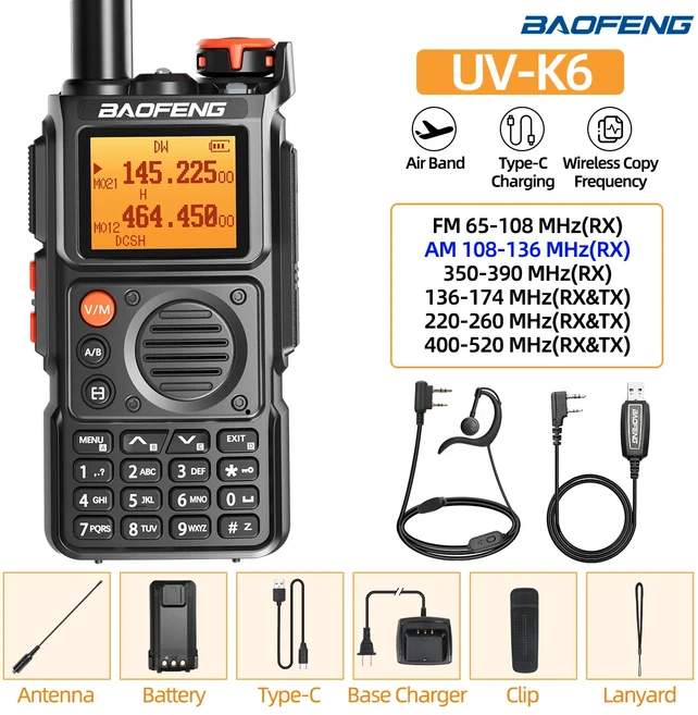 Baofeng 하이킹용 UV-K6 워키 범위 무선 복사 주파수 C 타입 충전 UHF 휴대용 햄 라디오, 01, 01 Add H-Cable