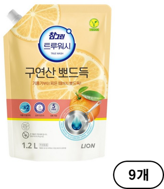 참그린 트루워시 구연산 오렌지 뽀드득 주방세제 리필, 9개, 1.2L