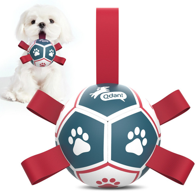 Qdan 강아지장난감 강아지공 개 축구공 끈 달린 펌프 포함, 1개, 빨간색