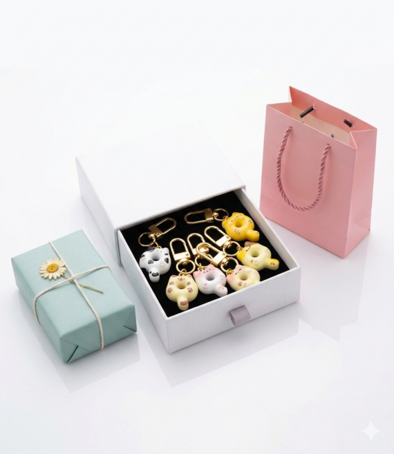 다니엘샵 짱귀여운 선물용 6종 도넛 고양이 키링, 1박스, 화이트