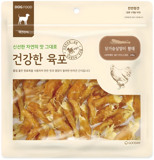 굿데이 강아지 건강한 육포, 닭가슴살말이 황태, 240g, 1개 - 쿠팡