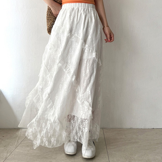 네모엔룩 라라레이스 여성용 사선 3단 프릴 셔링 허리밴딩 시스루 A라인 캐주얼 레이스 맥시 롱 스커트