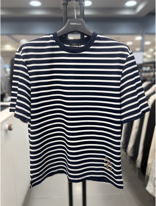 [ 바쏘 옴므 ] 25 S/S 이너 네이비 단가라 자수 포인트 COOL 시어서커 반팔 티셔츠2RK20ANY