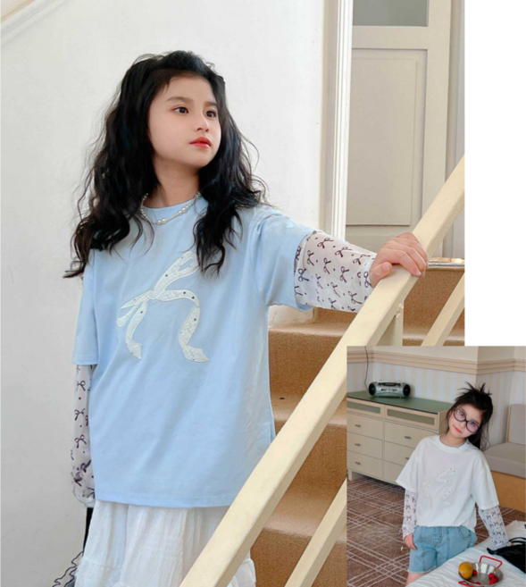 하와즈 봄 여름 리본 레이스 레이어드 소매 긴팔 티셔츠