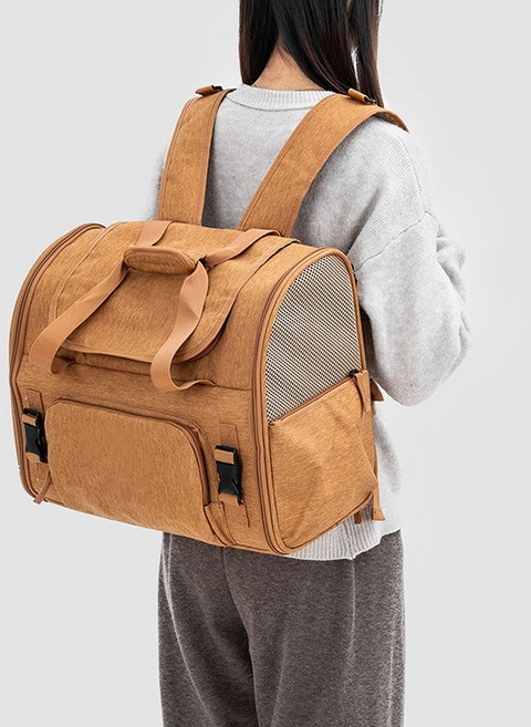 반려동물 3면통풍 가로백팩형 이동가방, 1개, 갈색