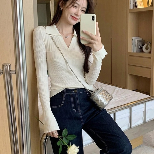 여성용 오픈 브이넥 카라 긴소매 슬림 골지 니트 긴팔 티셔츠