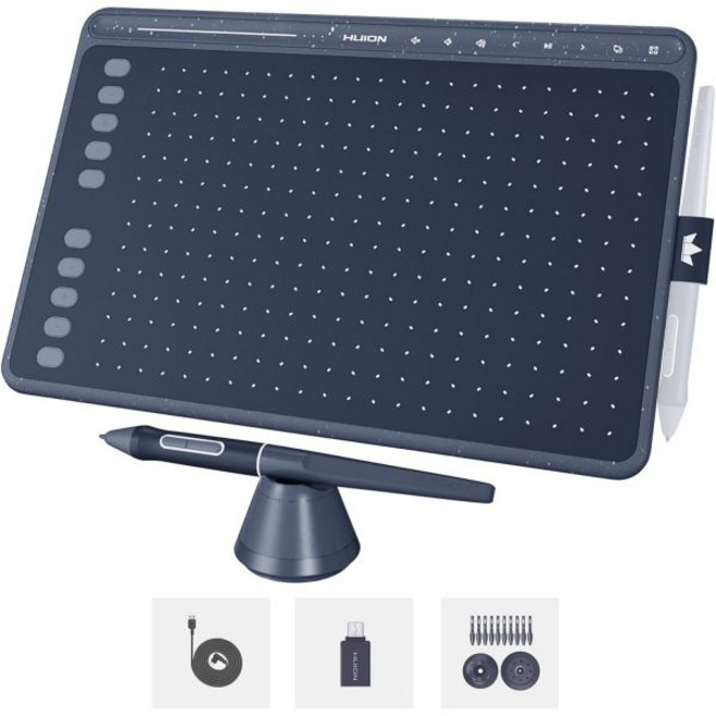 HUION HS611 그래픽 드로잉 태블릿 Android 지원 배터리 없는 스타일러스 8192 펜 압력 틸트 8 멀티미디어 키 10개의 핫 키와 터치 링 10x6인치 패드 스페, 우주 회색, 1개