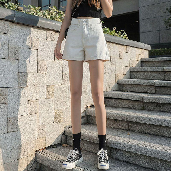 夏季新款 設計感A字牛仔短褲 女 高腰寬鬆顯瘦捲邊熱褲