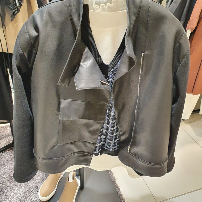 씨에큐브 가죽 배색 라이더 재킷