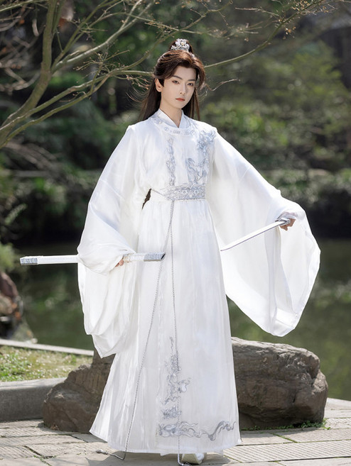 남성 생활한복 세트 화이트 자수 사극 의상 소품 당나라풍 개량한복 고풍스러운 디자인 퓨전 한복 세련된 스타일