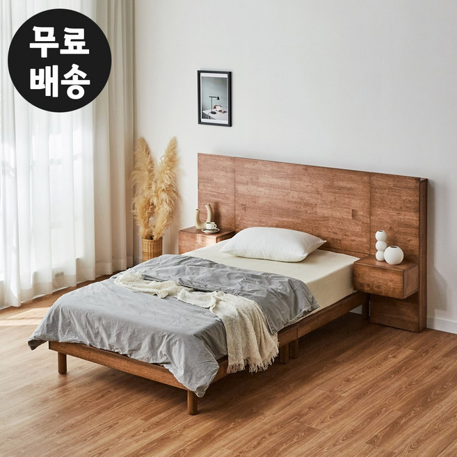 코제 고무나무 원목 침대프레임 슈퍼싱글 고급 LED 조명 침대 1인용 일인용(협탁2개), 월넛