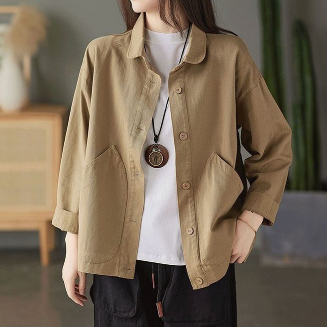 중년 여성 면 마 코트 가을 루즈핏 솔리드 린넨 가디건 상의 봄여름 캐주얼 빅포켓 자켓 LJX