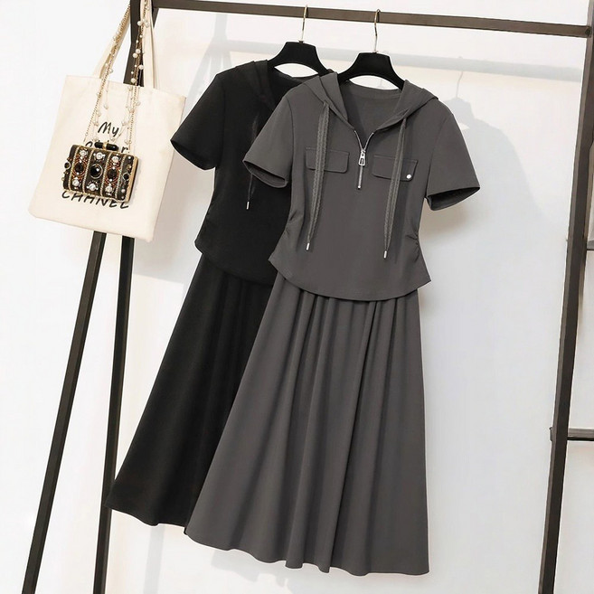 로르카 여성 빅사이즈 후드 반팔 티셔츠+롱 스커트 캐주얼 여름 투피스 세트 K0031421