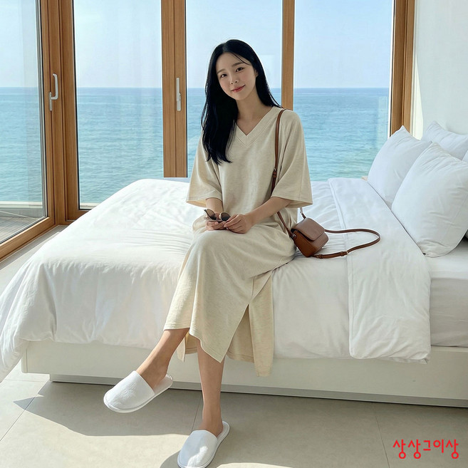 상상그이상 여성용 국내제작 브이넥 나그랑 롱원피스 빅사이즈 면100 캐주얼 포켓 포인트 편안한 데일리 홈드레스