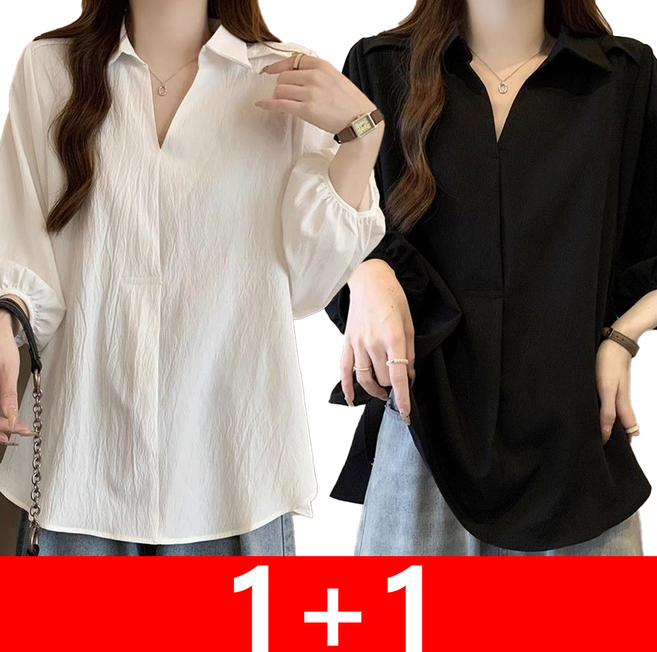 지고다그 1+1여성 봄가을 카라넥 셔츠 루즈한 7부소매 부드러운 촉감 캐주얼 스타일 YU9230