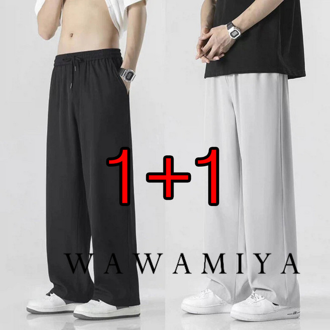 1+1 남자 와이드 밴딩 팬츠 냉감 쿨바지 드라이 트레이닝 슬랙스 봄 여름 남성 운동바지 캐주얼 바지 하의 WAWAMIYA