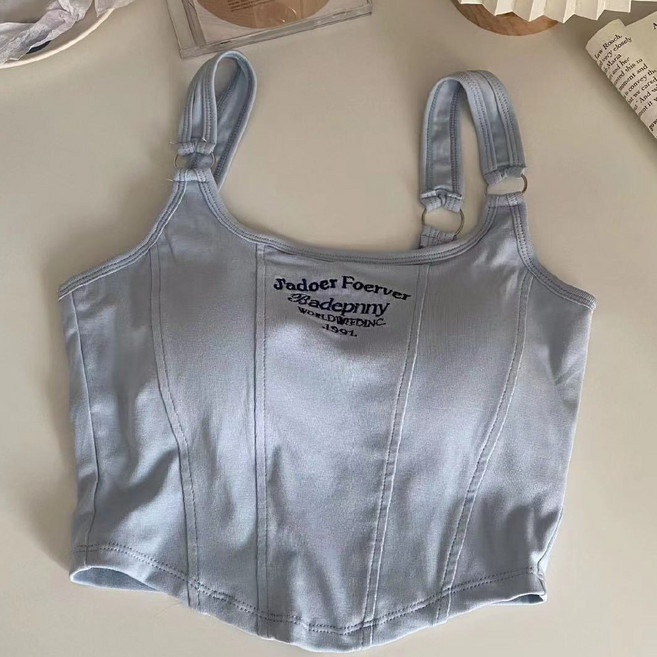 高彈力純棉吊帶背心 帶胸墊顯瘦短版上衣 刺繡字母多色可選