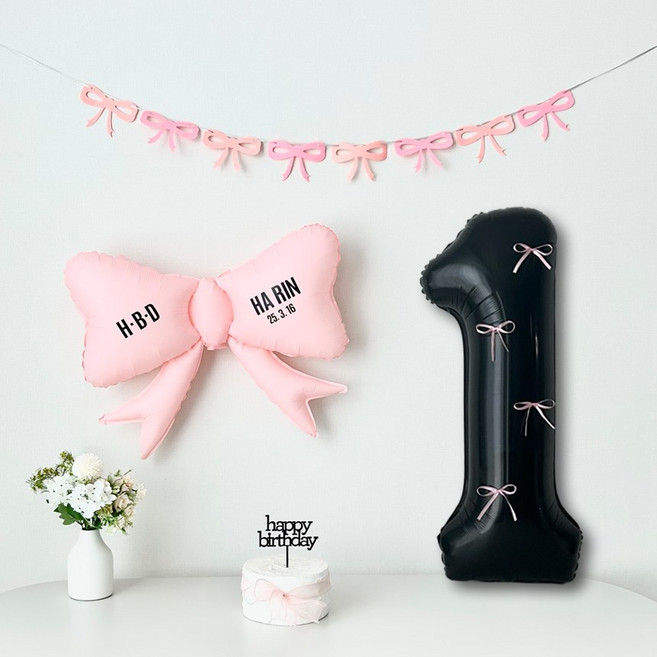 연지마켓 리본 숫자 풍선 블랙 생일 파티 두돌 세트 (자유레터링), 1세트, 리본풍선 블랙 1