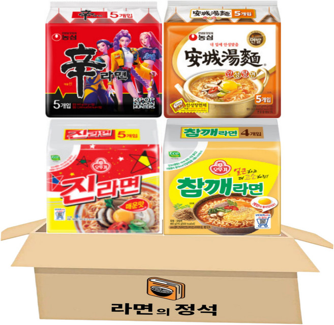 [라면의정석] 봉지 라면 세트 4종 (신라면 5입 + 안성탕면 5입 + 진라면매운맛 5입 +참깨라면 4입) 인기라면4종(, 1세트