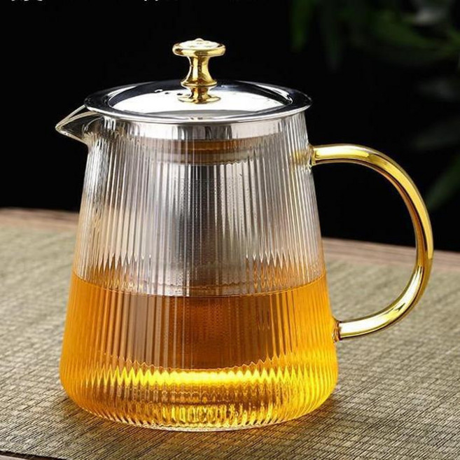 耐熱玻璃茶壺 養生壺 花茶壺 高硼硅 304不鏽鋼茶漏, 1000ml直紋壺【金色,450ml-1000ml（貼標）, 1個