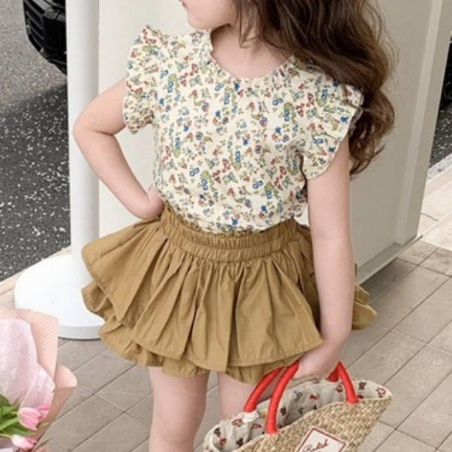 구빠방 아동 잔꽃 셔링 프릴 블라우스 밴딩 캉캉 치마바지 세트 투피스