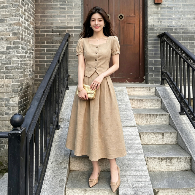 BIKASU 여성 여름 캐주얼 하객룩 반팔 자켓+스커트 오피스룩 슈트