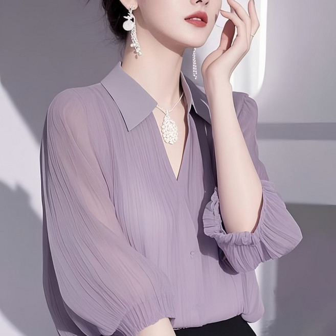 Makone 여성 셔츠카라 브이넥 솔리드 플리츠 프렌치 트랜드 엘레강스 소프트 루즈핏 5부 소매 블라우스