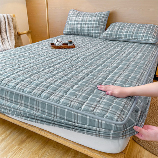 기쯔 누빔 매트리스 커버 체크 밴드형 밀림 방지