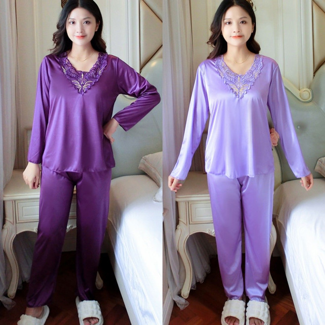 1+1 봄 가을 중장년 여성 잠옷 세트 데일리 엄마용 빅사이즈 긴팔 파자마 고급스러운 레이스 장식 편안한 홈웨어 세트 YLP