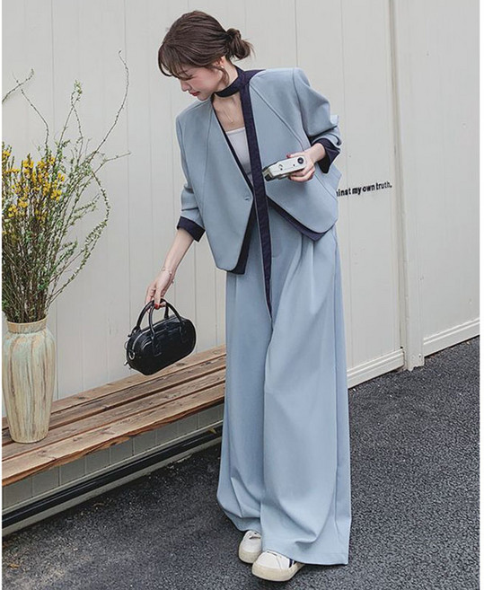 봄 가을 여성 정장 세트 캐주얼 브이넥 숏 자켓 + 슬랙스 와이드 팬츠 상하의 투피스 루즈핏 기질 정장 셋업 WXY