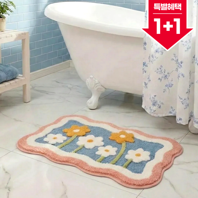 루메이드 1+1 물기순삭 부드러운 욕실 발매트 미끄럼방지 거실 현관 주방 겸용 2p, 2개, 꽃